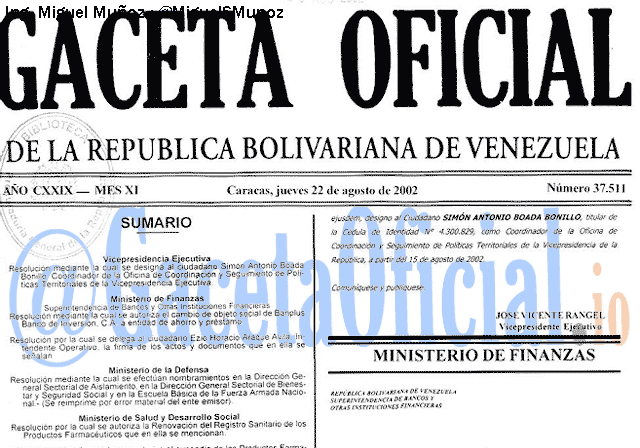 Gaceta Oficial 37511 del 22 Agosto 2002