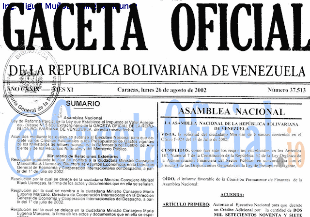 Gaceta Oficial 37513 del 26 Agosto 2002
