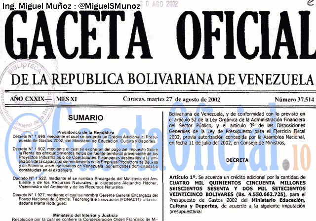 Gaceta Oficial 37514 del 27 Agosto 2002