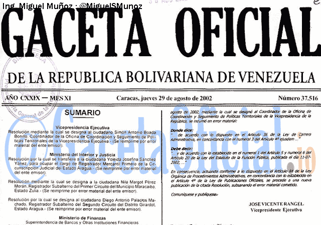 Gaceta Oficial 37516 del 29 Agosto 2002