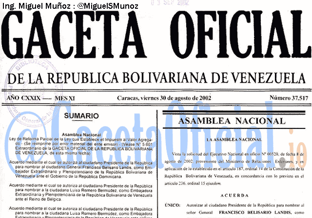 Gaceta Oficial 37517 del 30 Agosto 2002