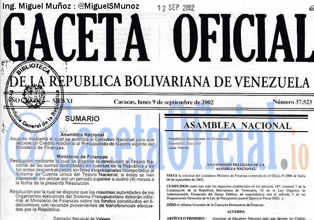 Gaceta Oficial 37523 del 9 Septiembre 2002