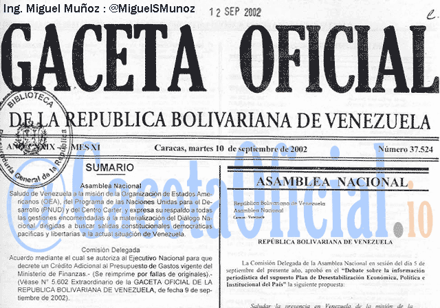 Gaceta Oficial 37524 del 10 Septiembre 2002