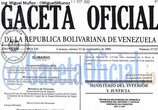 Gaceta Oficial 37527 del 13 Septiembre 2002