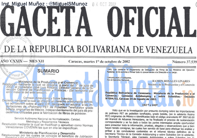 Gaceta Oficial 37539 del 1 Octubre 2002