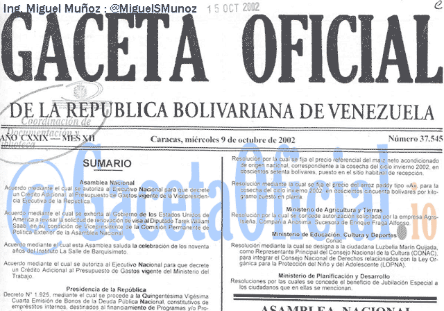 Gaceta Oficial 37545 del 9 Octubre 2002