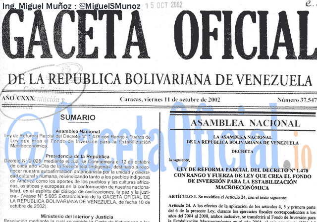 Gaceta Oficial 37547 del 11 Octubre 2002