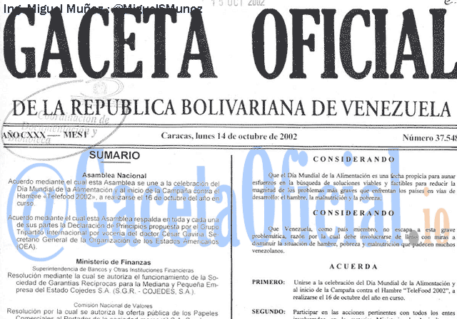 Gaceta Oficial 37548 del 14 Octubre 2002