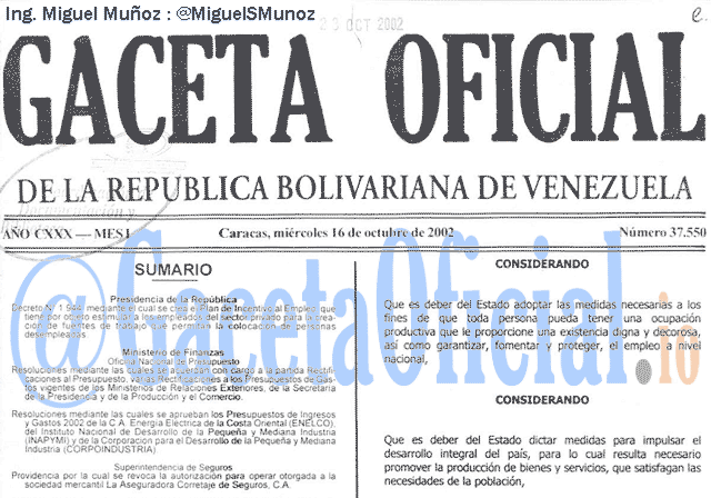 Gaceta Oficial 37550 del 16 Octubre 2002
