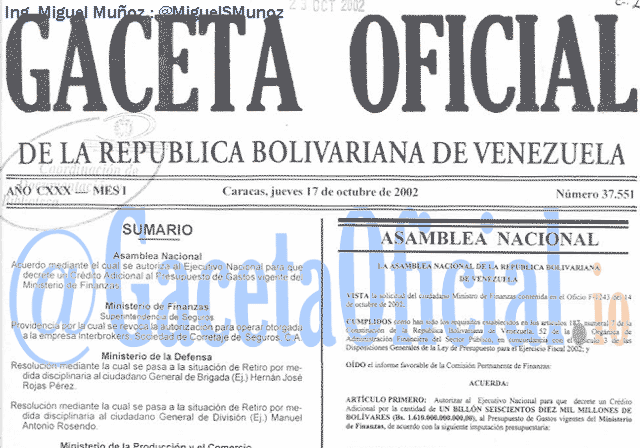 Gaceta Oficial 37551 del 17 Octubre 2002