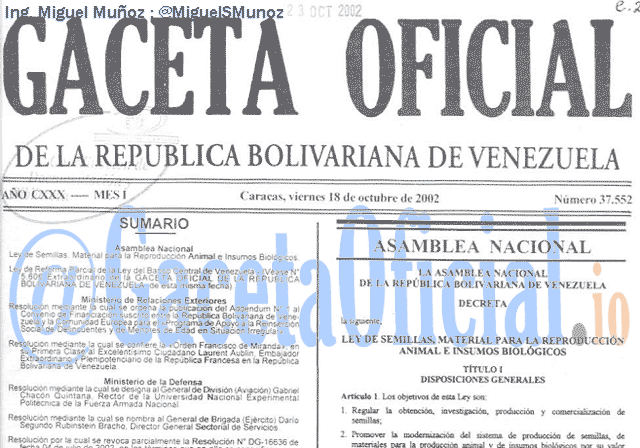 Gaceta Oficial 37552 del 18 Octubre 2002