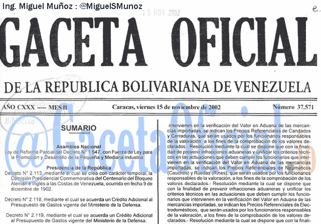 Gaceta Oficial 37571 del 15 Noviembre 2002