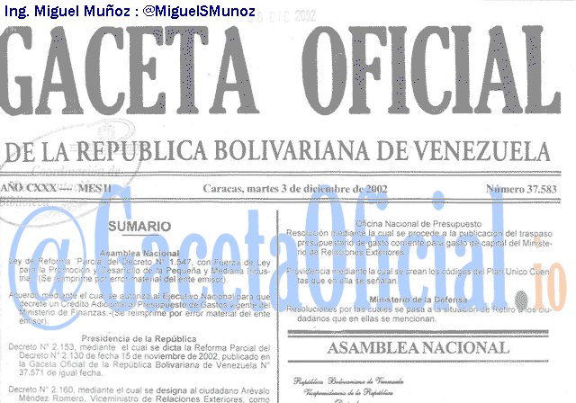 Gaceta Oficial 37583 del 3 Diciembre 2002