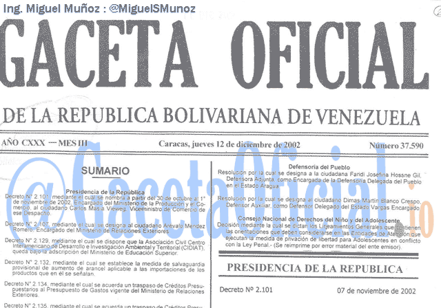 Gaceta Oficial 37590 del 12 Diciembre 2002