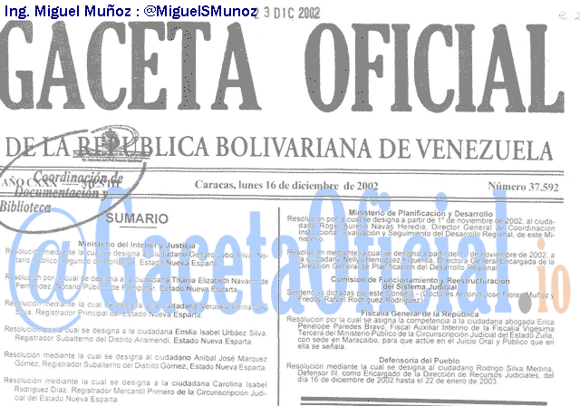 Gaceta Oficial 37592 del 16 Diciembre 2002