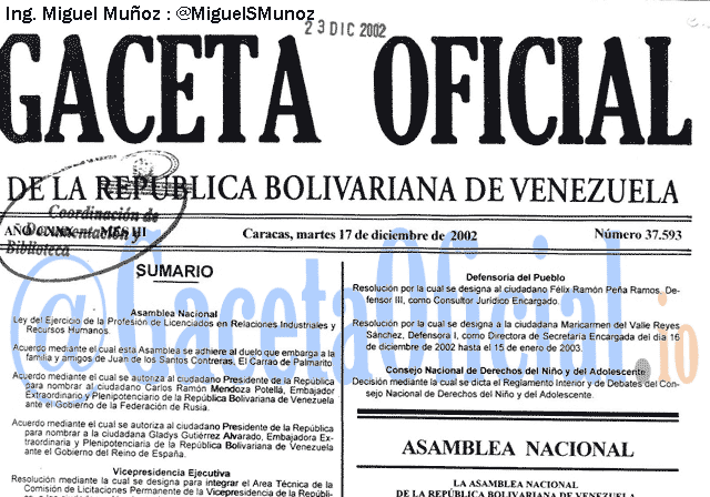 Gaceta Oficial 37593 del 17 Diciembre 2002