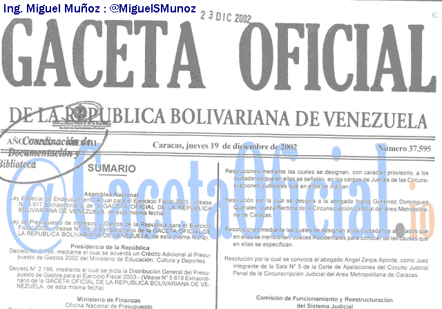 Gaceta Oficial 37595 del 19 Diciembre 2002
