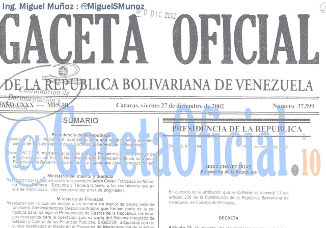 Gaceta Oficial 37599 del 27 Diciembre 2002