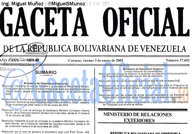 Gaceta Oficial 37602 del 3 Enero 2003