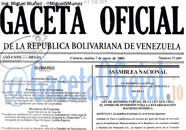 Gaceta Oficial 37604 del 7 Enero 2003