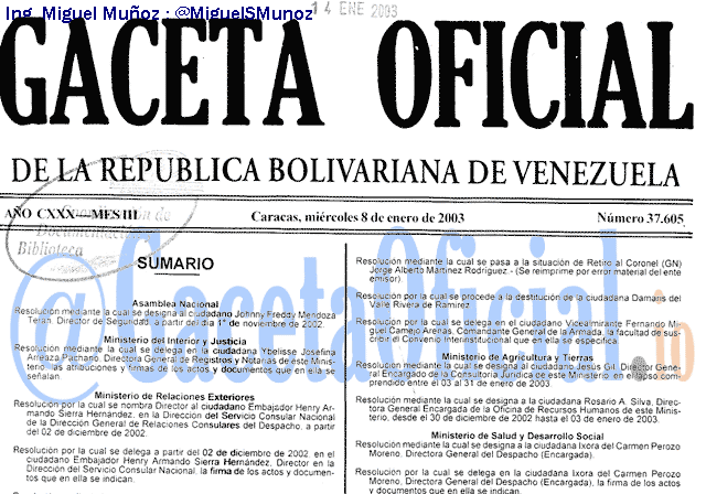 Gaceta Oficial 37605 del 8 Enero 2003