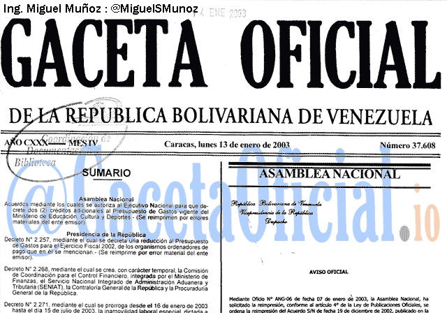 Gaceta Oficial 37608 del 13 Enero 2003