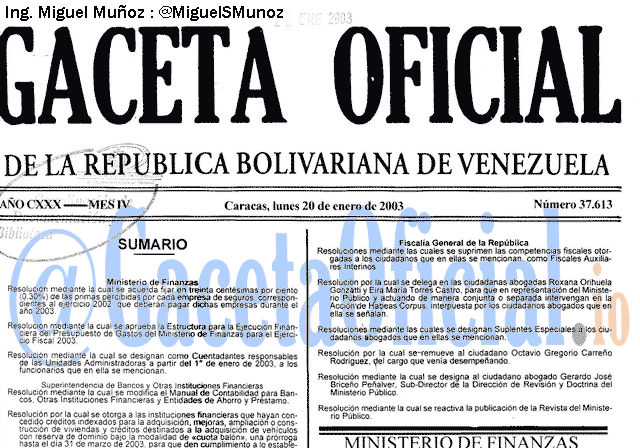 Gaceta Oficial 37613 del 20 Enero 2003