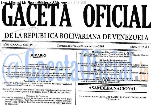 Gaceta Oficial 37615 del 22 Enero 2003