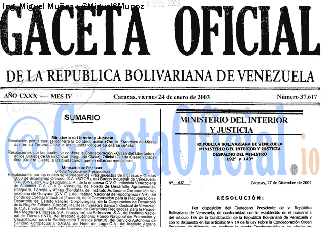 Gaceta Oficial 37617 del 24 Enero 2003