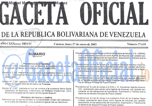 Gaceta Oficial 37618 del 27 Enero 2003