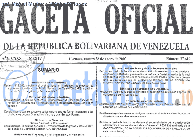 Gaceta Oficial 37619 del 28 Enero 2003