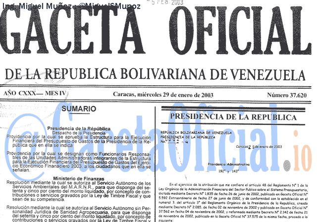 Gaceta Oficial 37620 del 29 Enero 2003