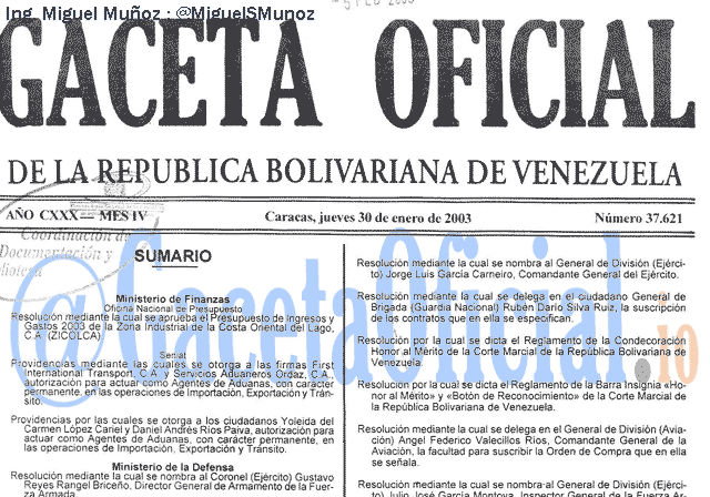 Gaceta Oficial 37621 del 30 Enero 2003