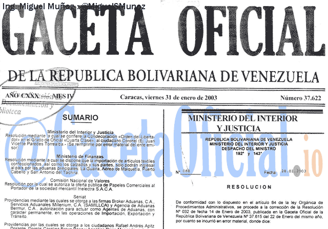 Gaceta Oficial 37622 del 31 Enero 2003