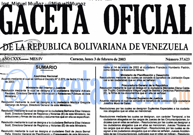 Gaceta Oficial 37623 del 3 Febrero 2003