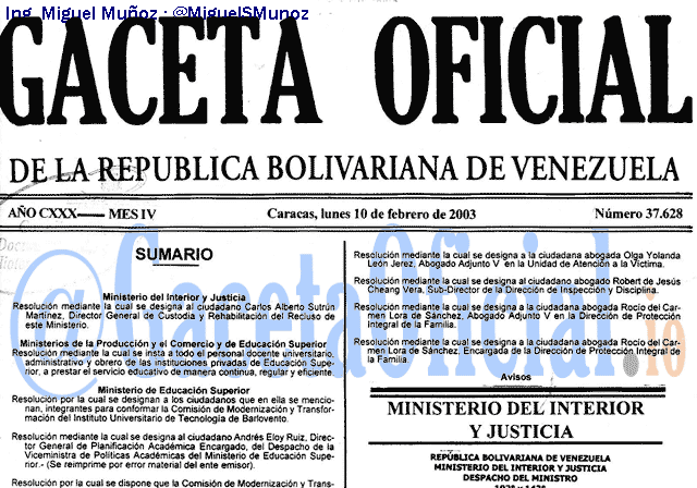 Gaceta Oficial 37628 del 10 Febrero 2003