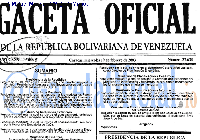 Gaceta Oficial 37635 del 19 Febrero 2003