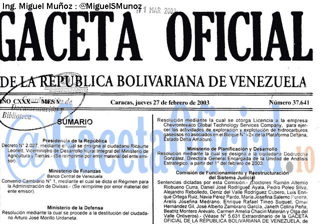 Gaceta Oficial 37641 del 27 Febrero 2003