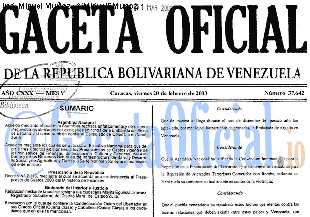 Gaceta Oficial 37642 del 28 Febrero 2003