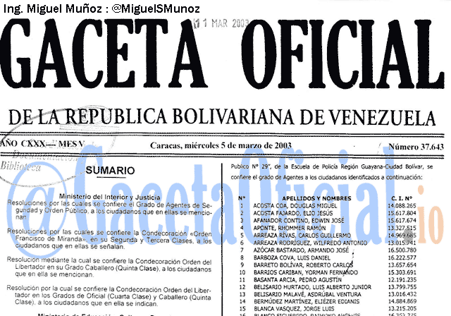 Gaceta Oficial 37643 del 5 Marzo 2003