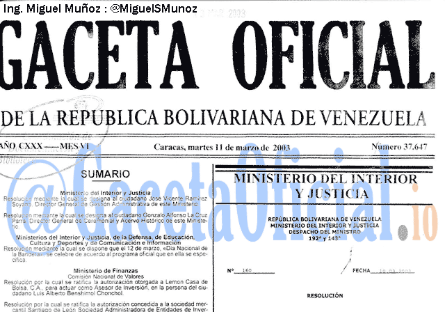 Gaceta Oficial 37647 del 11 Marzo 2003