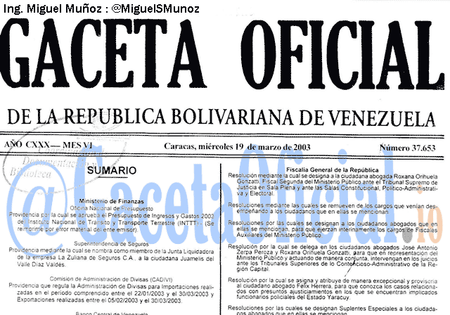 Gaceta Oficial 37653 del 19 Marzo 2003
