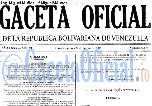 Gaceta Oficial 37659 del 27 Marzo 2003