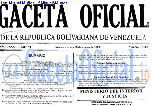 Gaceta Oficial 37660 del 28 Marzo 2003