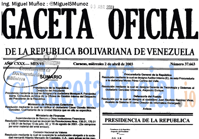 Gaceta Oficial 37663 del 2 Abril 2003