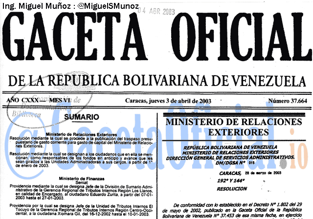 Gaceta Oficial 37664 del 3 Abril 2003