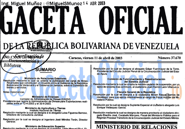 Gaceta Oficial 37670 del 11 Abril 2003