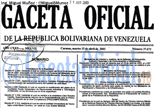 Gaceta Oficial 37672 del 15 Abril 2003
