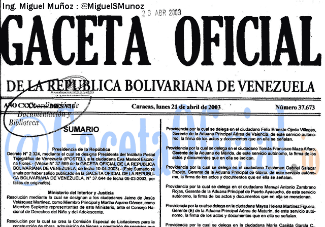 Gaceta Oficial 37673 del 21 Abril 2003