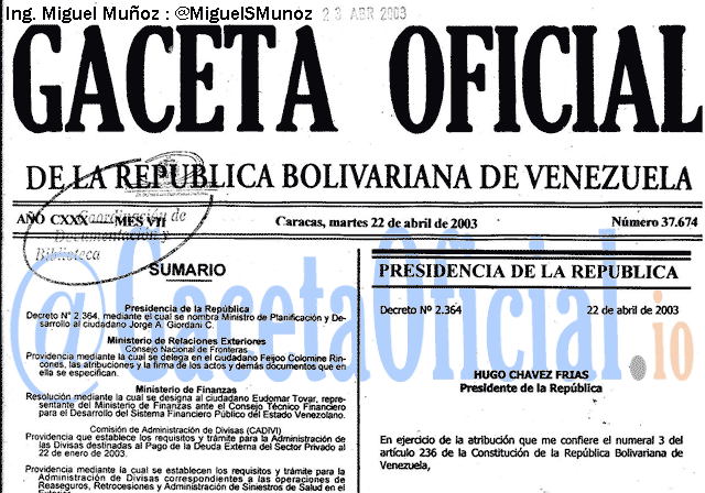 Gaceta Oficial 37674 del 22 Abril 2003
